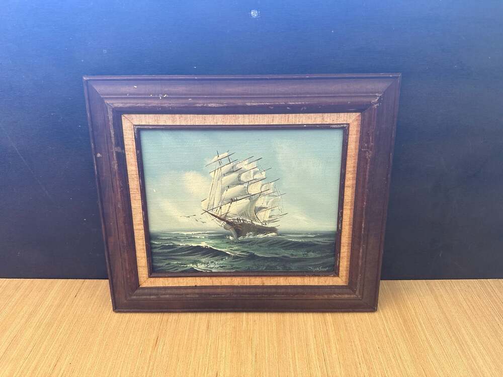 Vintage Framed Oil on Canvas Nautical Seascape Signed Jackson Tall Ship at Sea